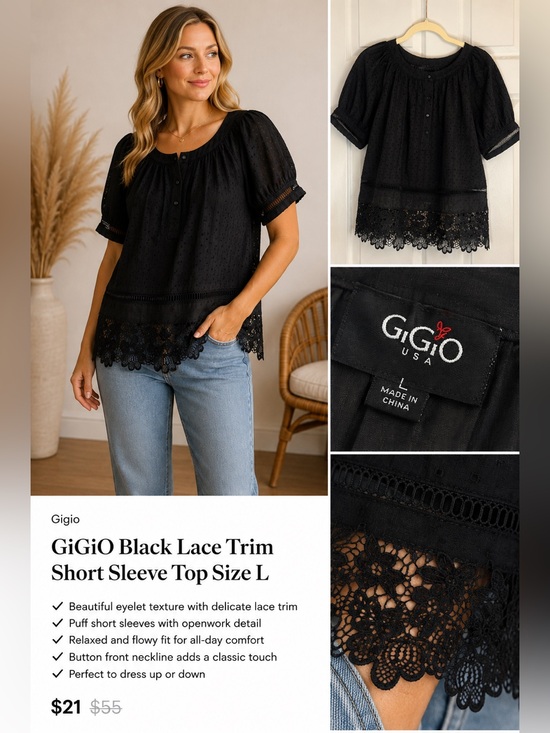GiGiO Tops - GiGiO Black Lace Trim Short Sleeve Top Size L